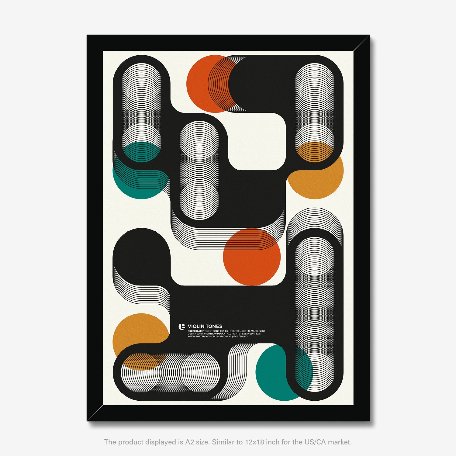 Harmonious interplay of black shapes and muted circular elements