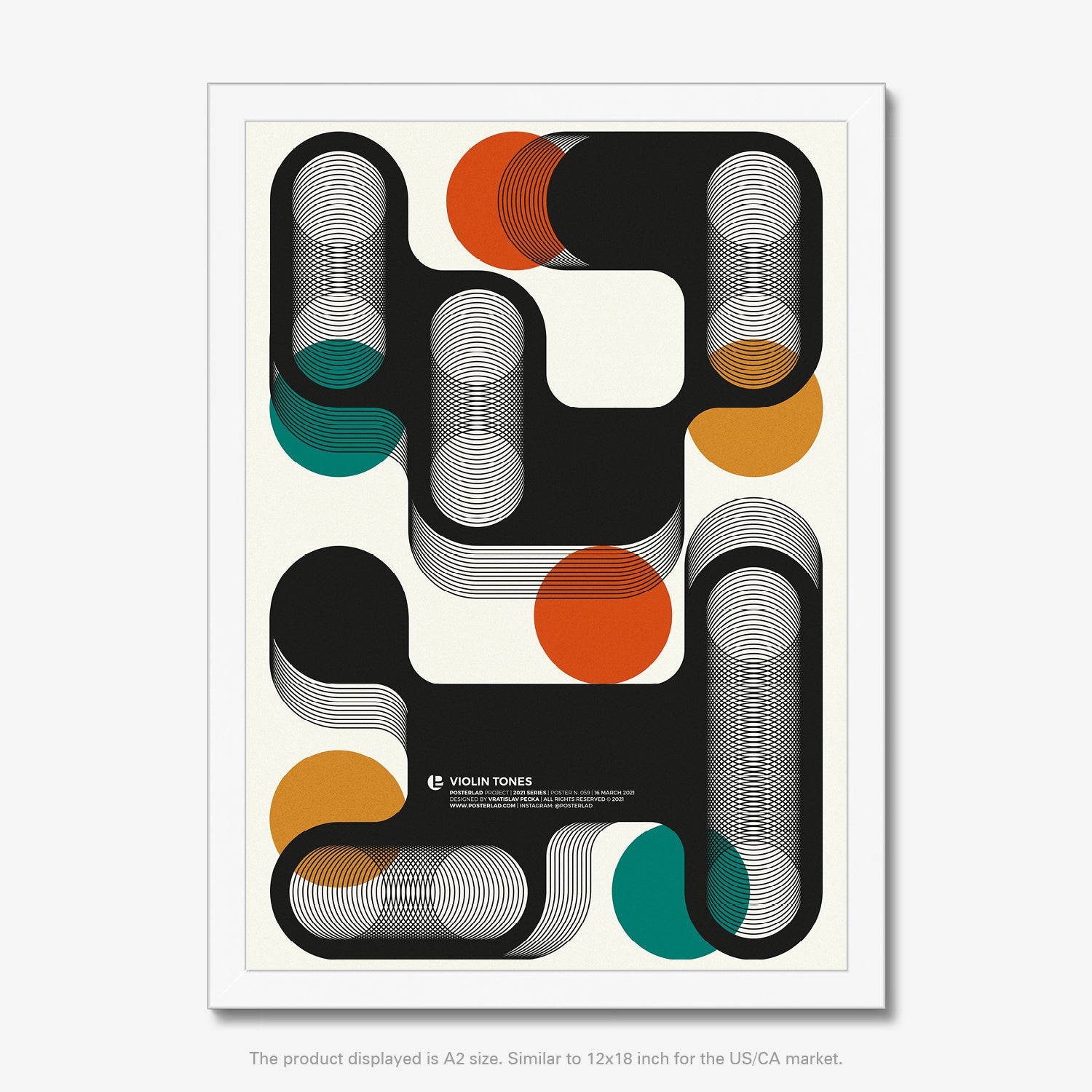 Violin Tones poster featuring black geometric structures and vibrant accent colors