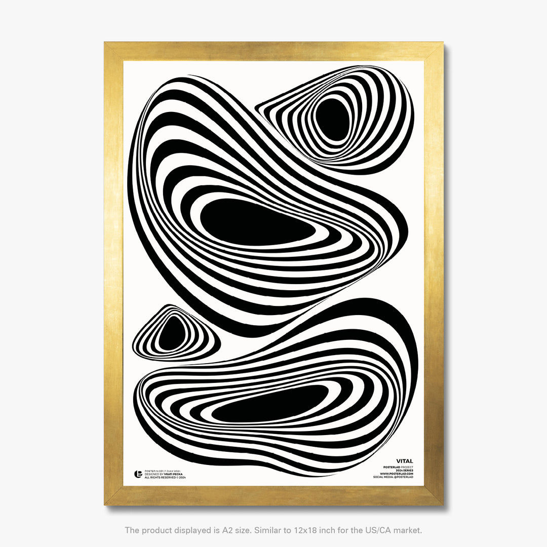 Vital black and white poster with organic amoeba-like shapes and stripes