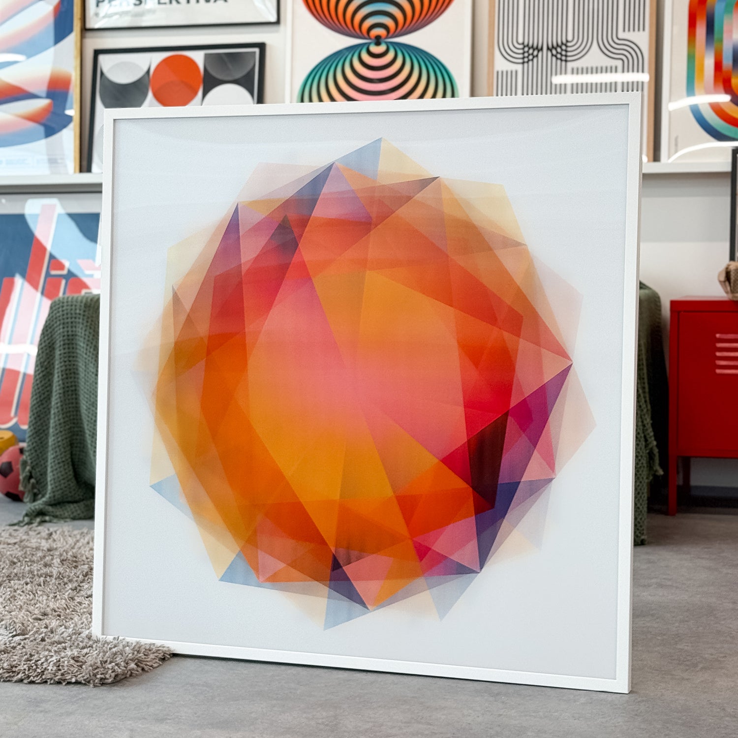 103x103 cm framed artwork displaying a unique lenticular piece with sun at the center and colorful flares
