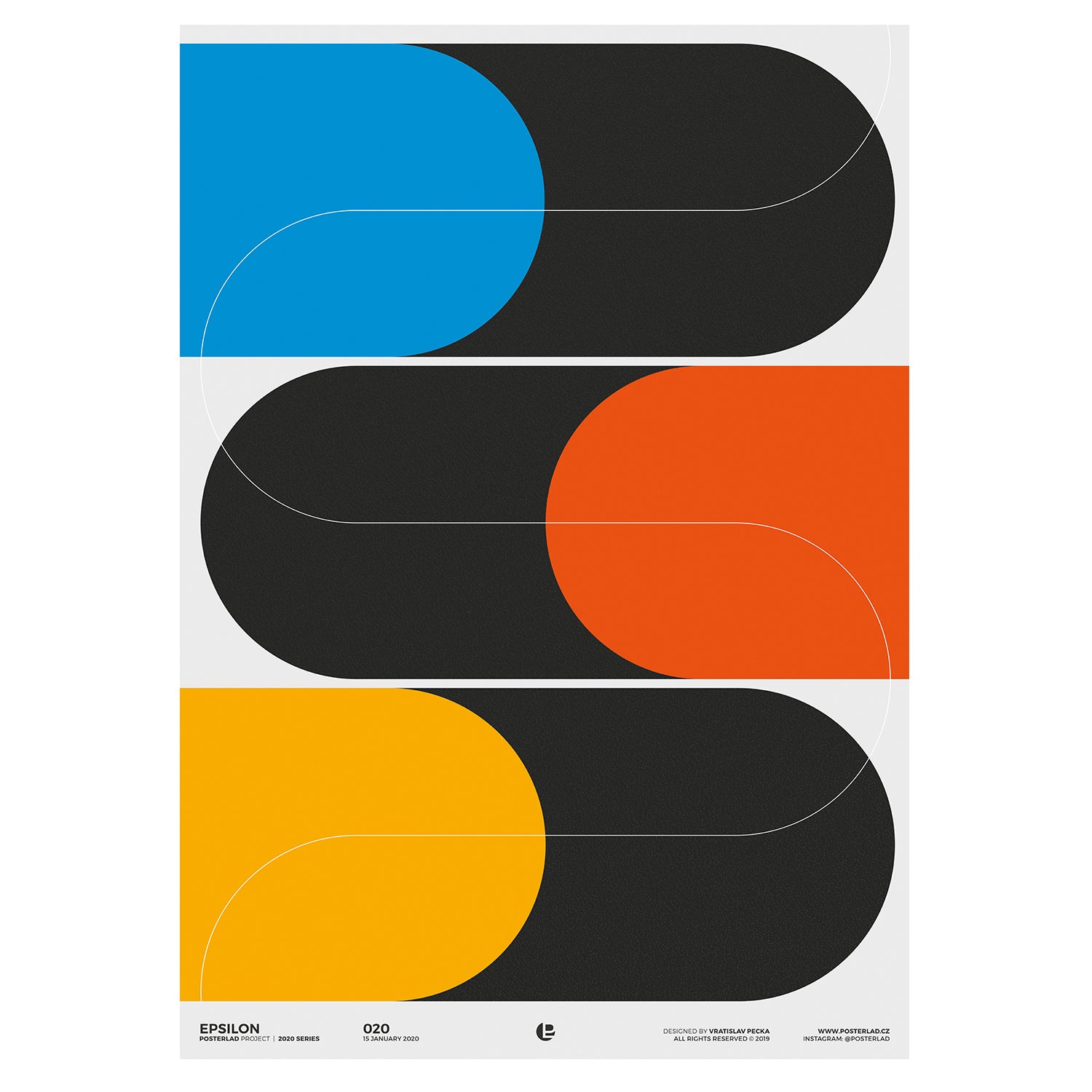Epsilon poster featuring bold geometric shapes in vibrant blue, fiery orange, and golden yellow colors on a black backdrop