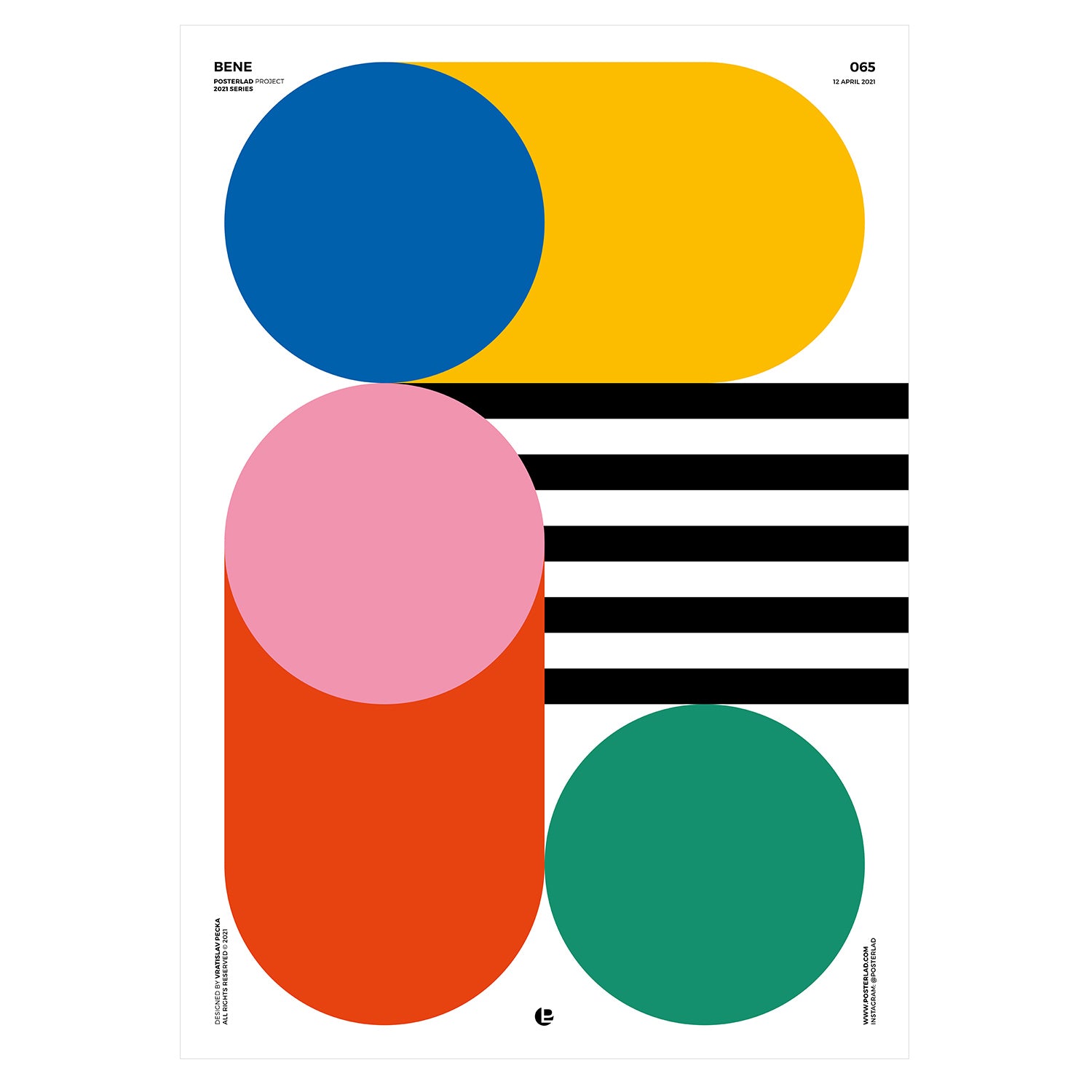 Bene poster showcasing vibrant geometric shapes in blue, yellow, and pink on white background