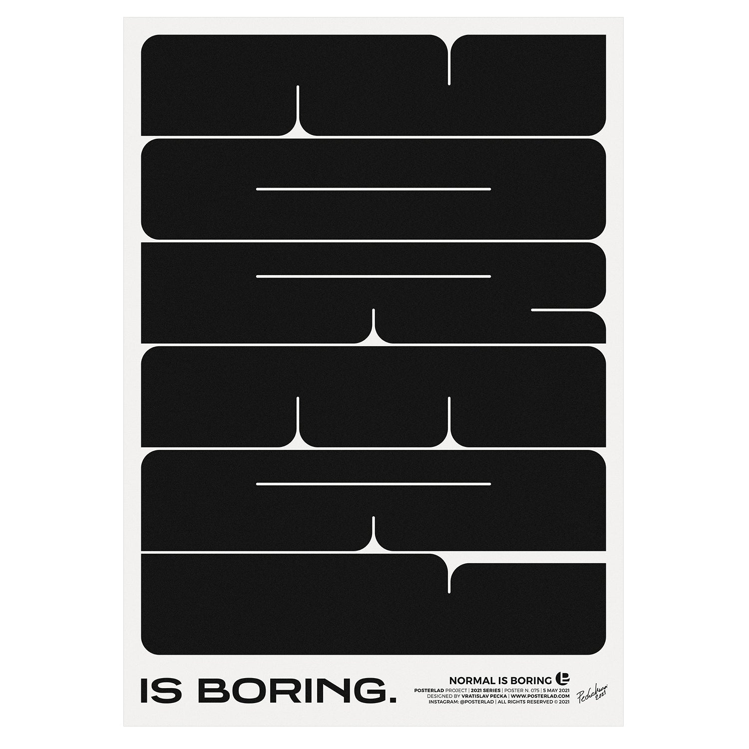 Bold and minimalist design poster with black blocky text on white background