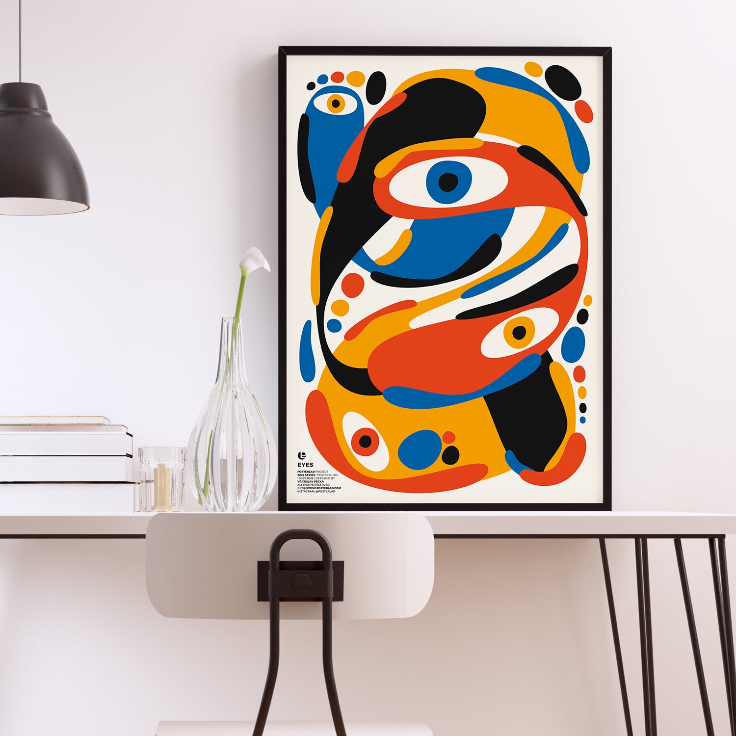Surreal and hypnotic quality with recurring eye motif and interplay of colors